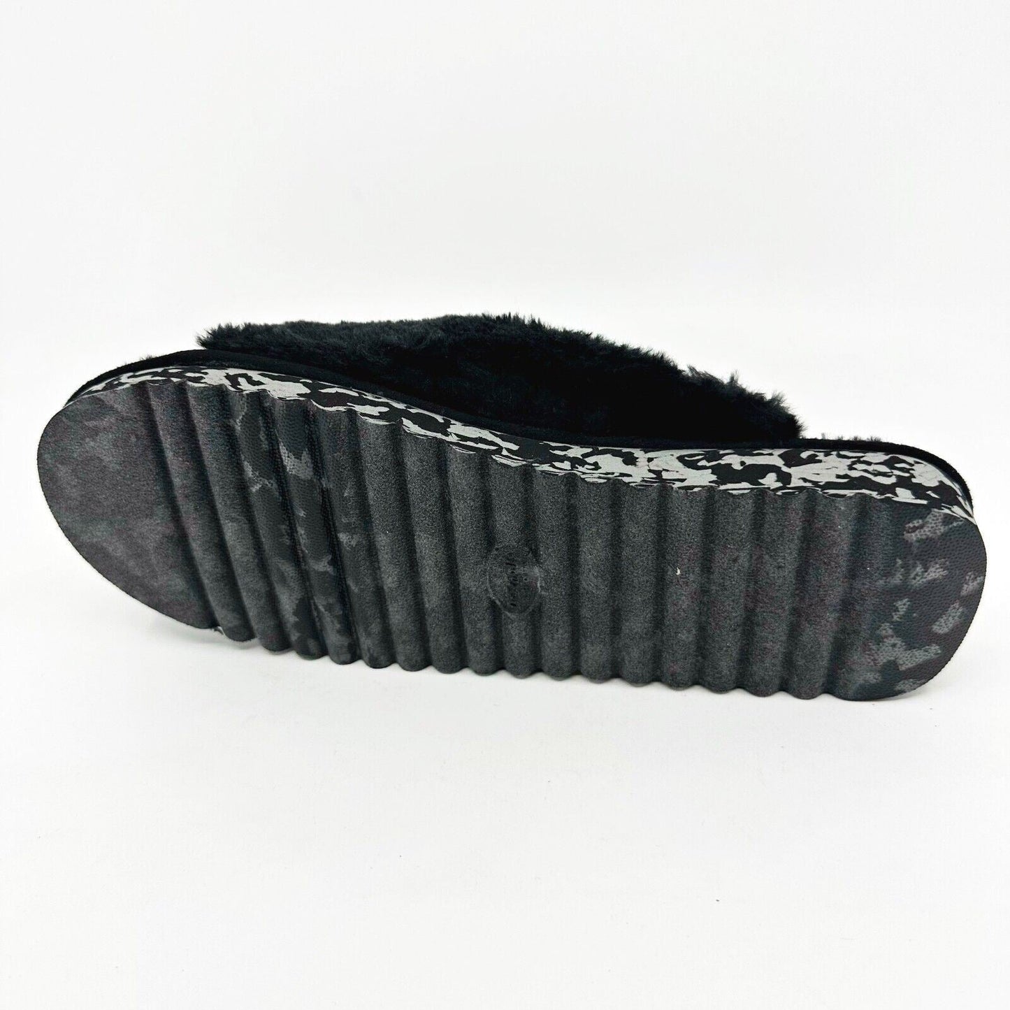 Dr Scholls Staycay OG Black Faux Fur Womens Slippers Open Toe Sandals