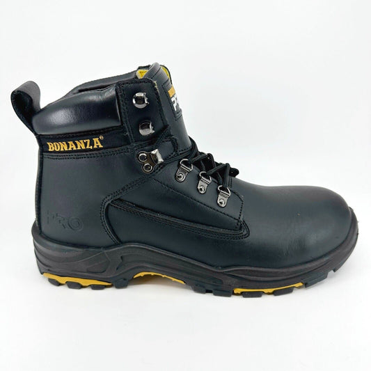 Bonanza Pro Mens Black 6" PU Injected Full Grain Leather Soft Toe Work Boots
