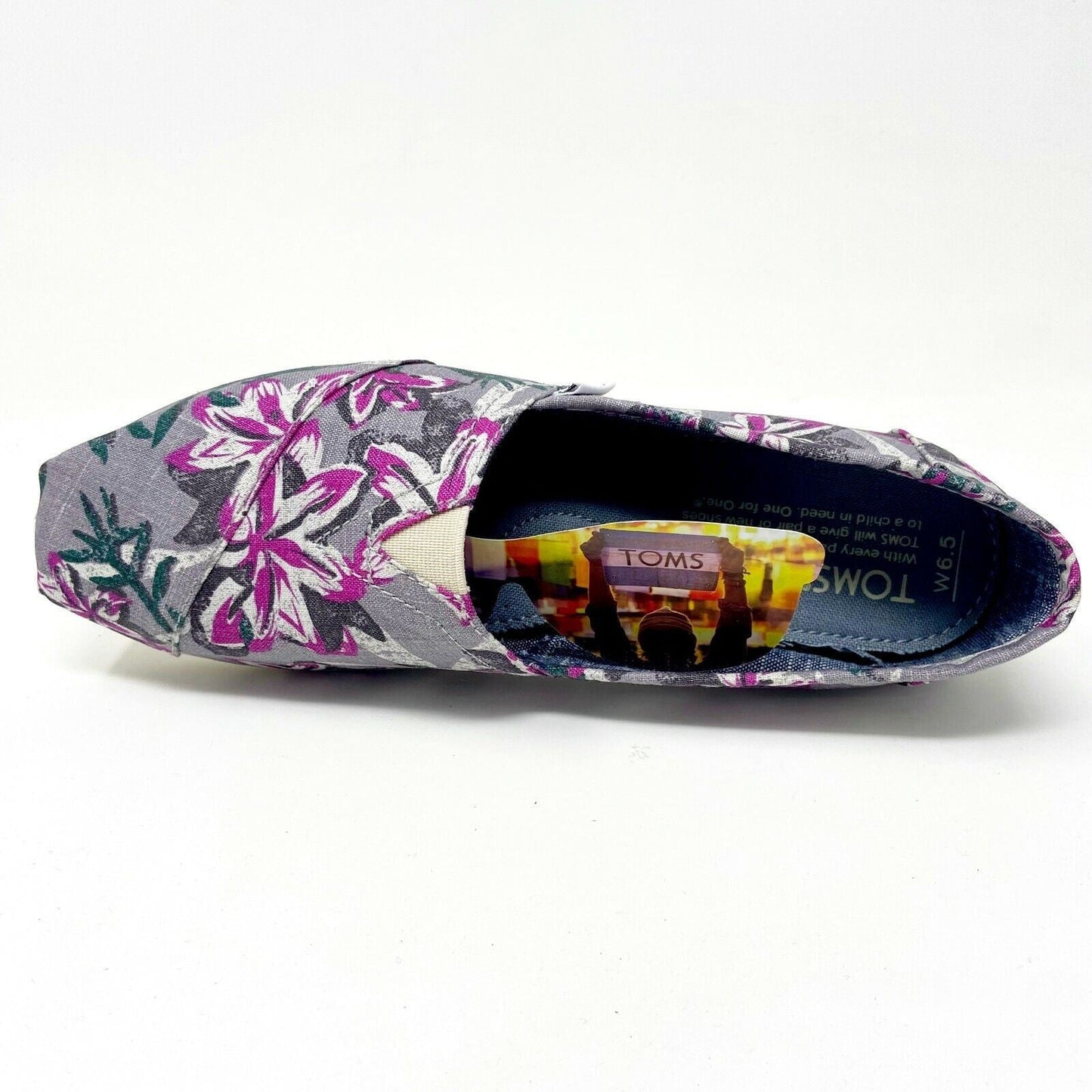 Toms Classics Grey Floral Womens Slip On Casual Canvas Flat Shoes
