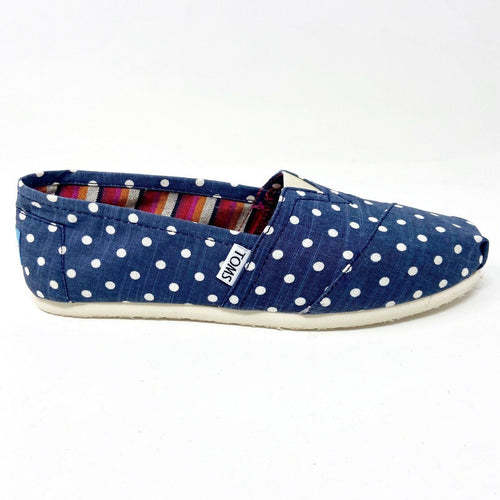 Toms Classics Navy Polka Dot Linen Womens Slip On Casual Canvas Flat Shoes