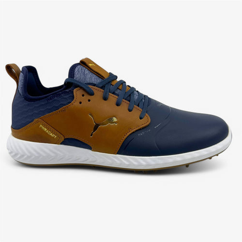 PUMA Pwradapt Caged Crafted Peacoat Leather Brown Gold Mens Size 9 Golf Shoes