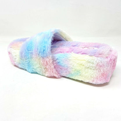 Sugar Wryde Tie Dye Platform Womens Fluffy Slip On Fur Warm Slipper Sandals