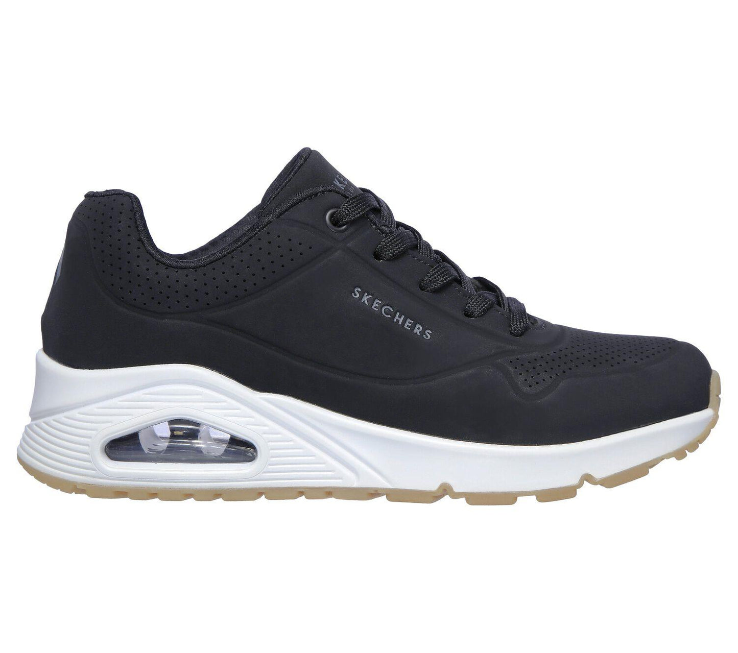 Women's Wide Fit Skechers 73690 Uno Stand On Air Walking Street Wear Trainers - Black/White