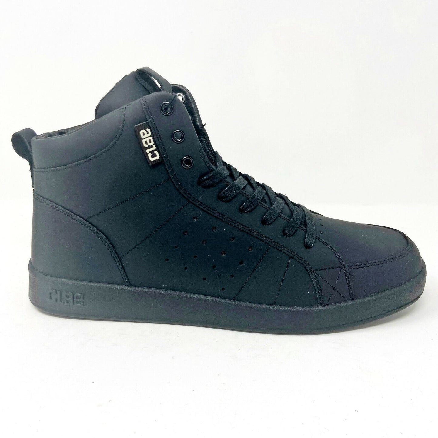 Clae Russell Coated Black Leather Mens Premium Mid Casual Sneakers