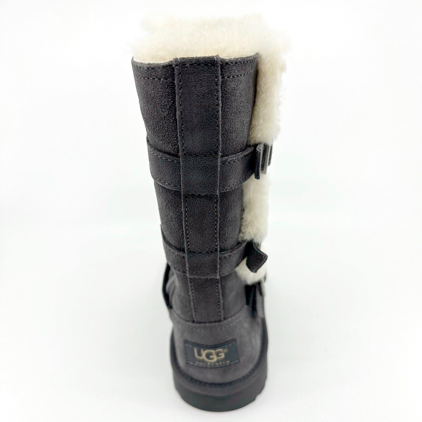UGG Maddi Charcoal Gray Kids Girls Buckle Suede Shearling Boots 1001520 CHRC