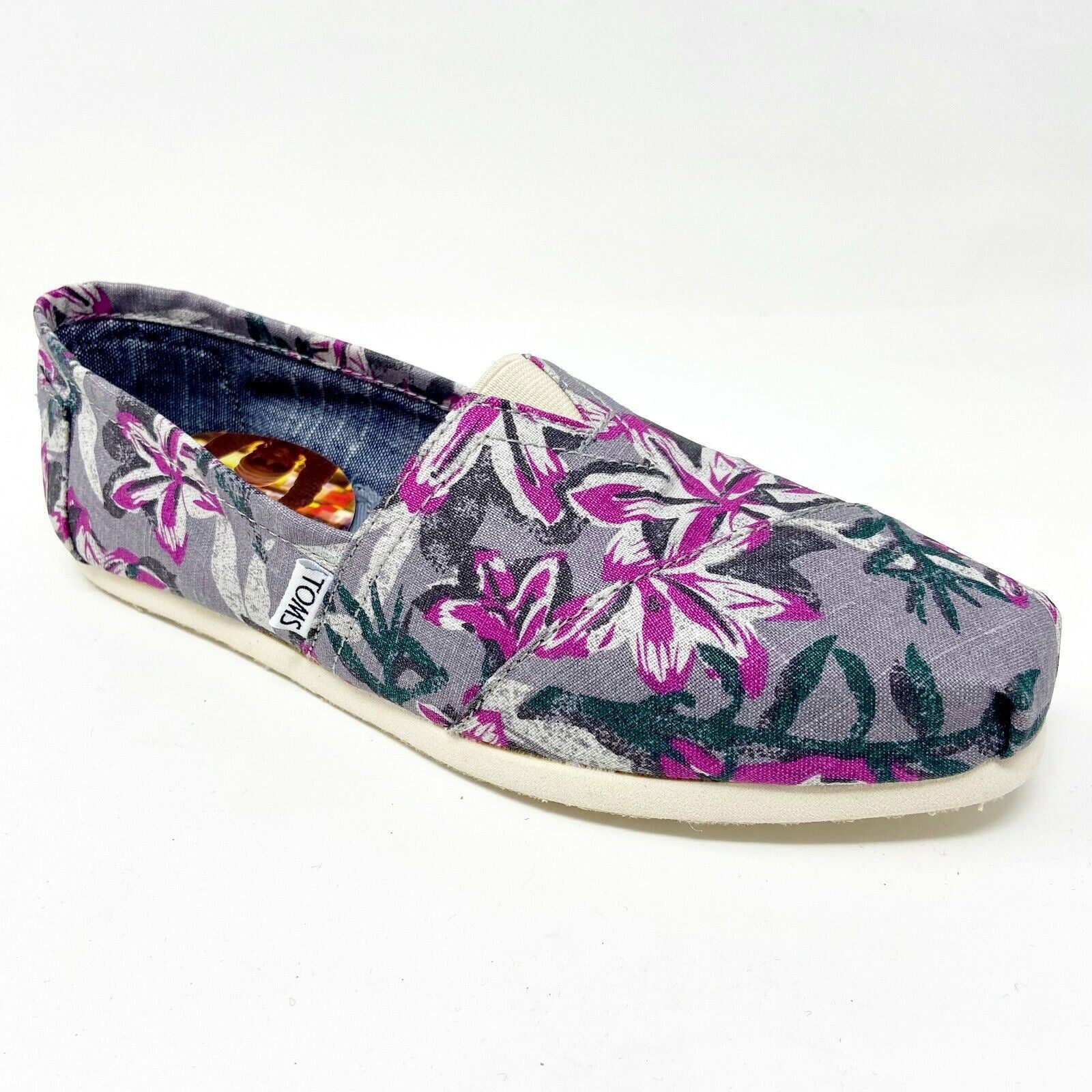 Toms Classics Grey Floral Womens Slip On Casual Canvas Flat Shoes