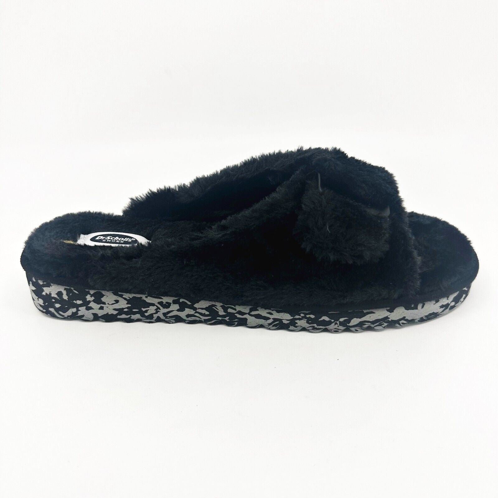 Dr Scholls Staycay OG Black Faux Fur Womens Slippers Open Toe Sandals